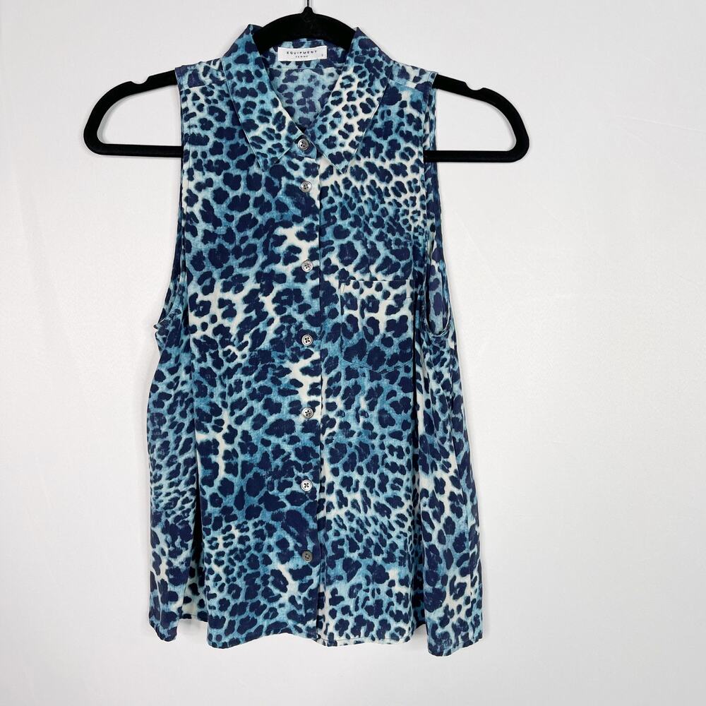 Equipment Small Blue Indigo Mina Silk Sleeveless Blouse Top Button Front Animal